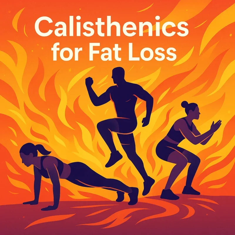 Vibrant illustration of three silhouettes performing calisthenics exercises (push-up, burpee, squat) against a fiery gradient background with the title ‘Calisthenics for Fat Loss’.