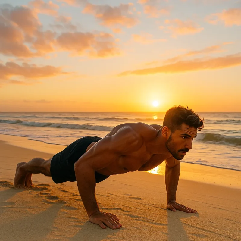 Muscular man performing a push-up on a sandy beach at sunrise, with calm ocean waters and a pastel sky in the background.